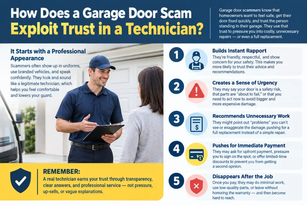 How Does a Garage Door Scam Exploit Trust in a Technician?